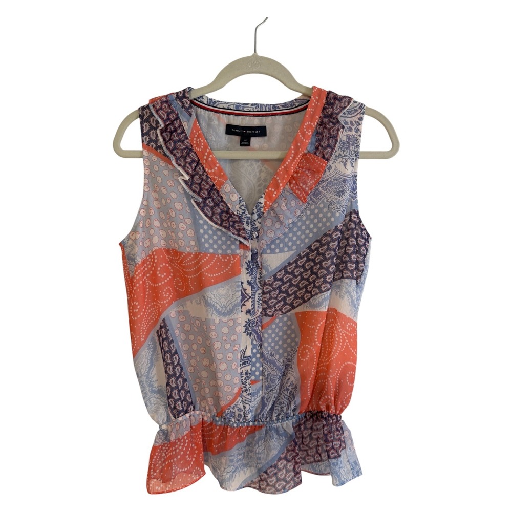 Tommy Hilfiger Sleeveless Blouse Multicolor S Women Ruffle V-Neck Patchwork - Picture 2 of 11